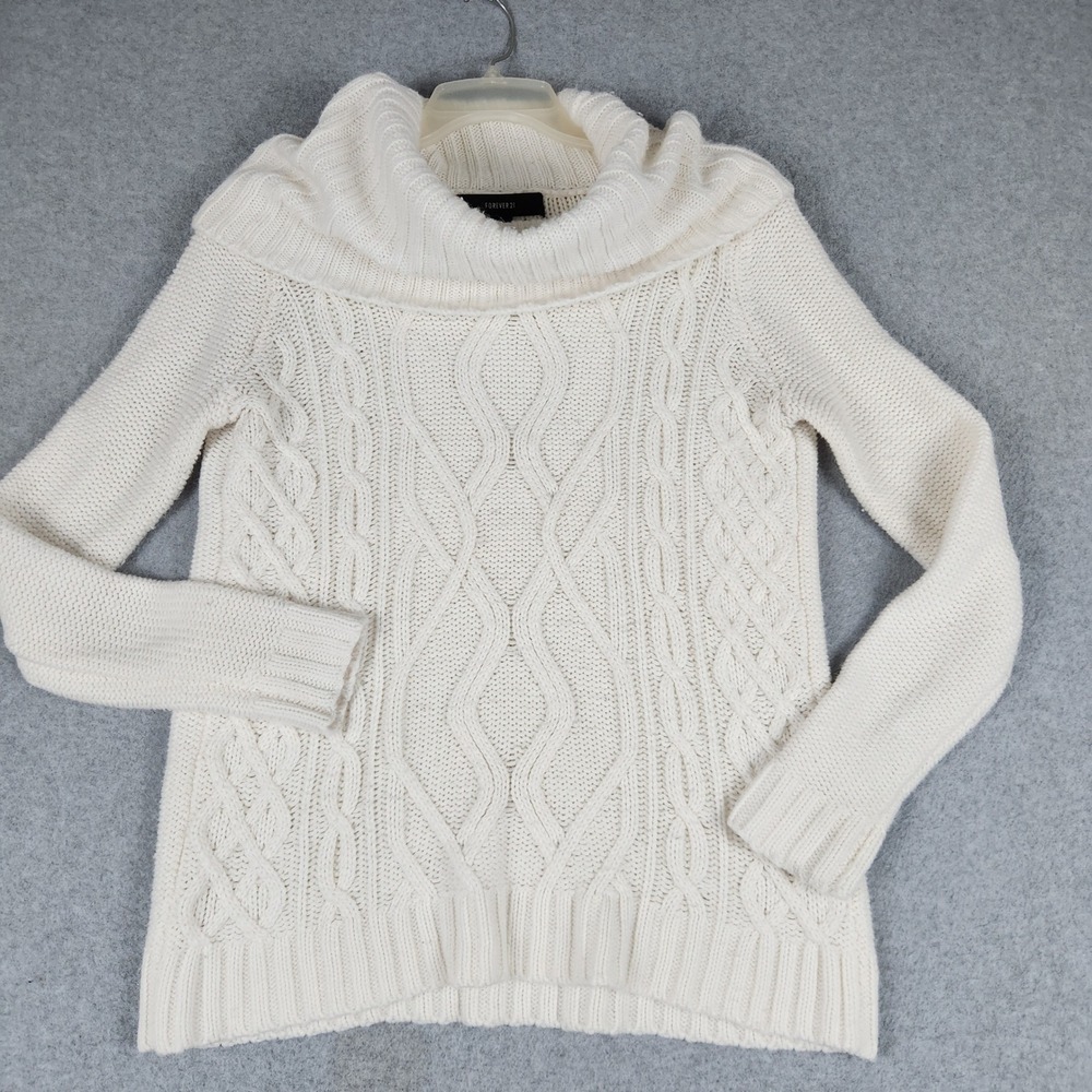 Forever 21 Sweater Womens Medium Cream Cable Knit Long Sleeve Cowl Neck Pullover